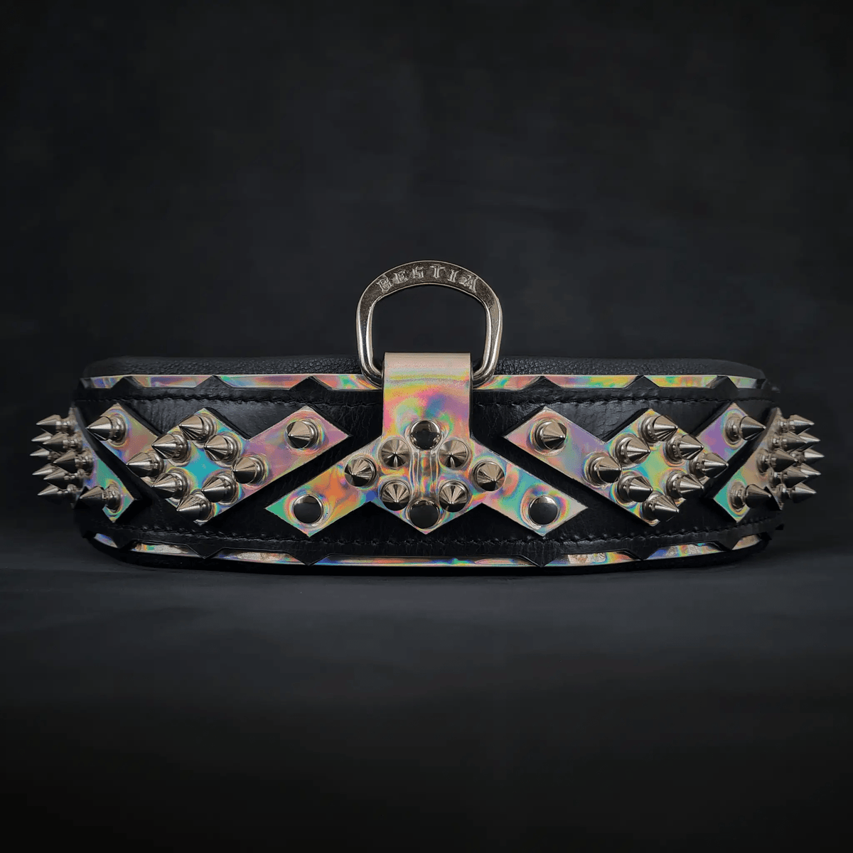 Bestia Midas black leather dog collar with silver spikes