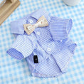 Load image into Gallery viewer, Dog shirt for small/medium dogs, blue striped breathable pet apparel with beige plaid bow tie and white buttons.
