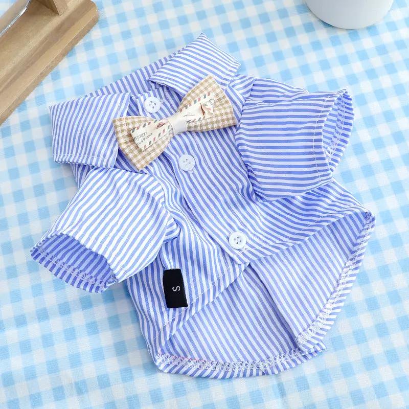 Dog shirt for small/medium dogs, blue striped breathable pet apparel with beige plaid bow tie and white buttons.