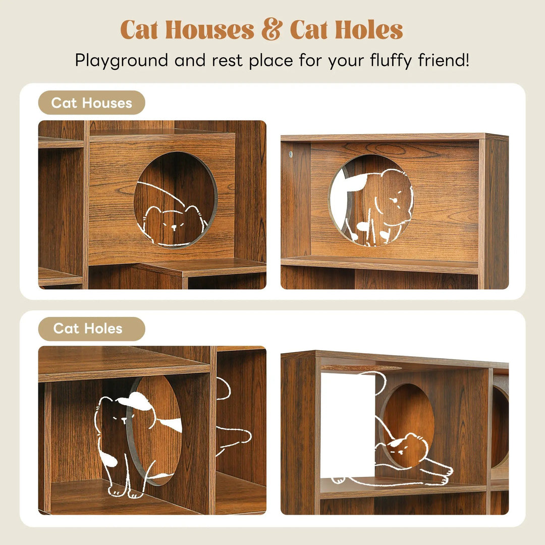 Feature collage of The Curator Cat Bookshelf in Brown showing two cat nooks and circular pass-through openings