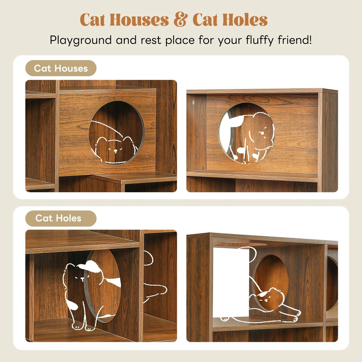 Modern 2-in-1 wooden cat house bookshelf by Sangria Beech, brown cat tree display cabinet with two cube units.