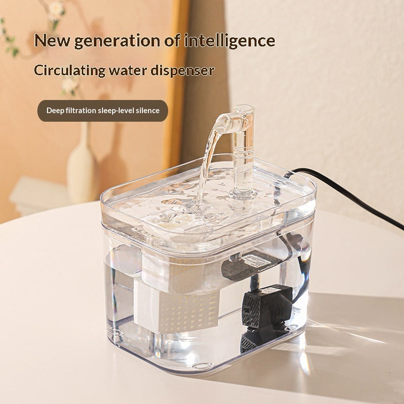 Transparent fountain showing reservoir and pump