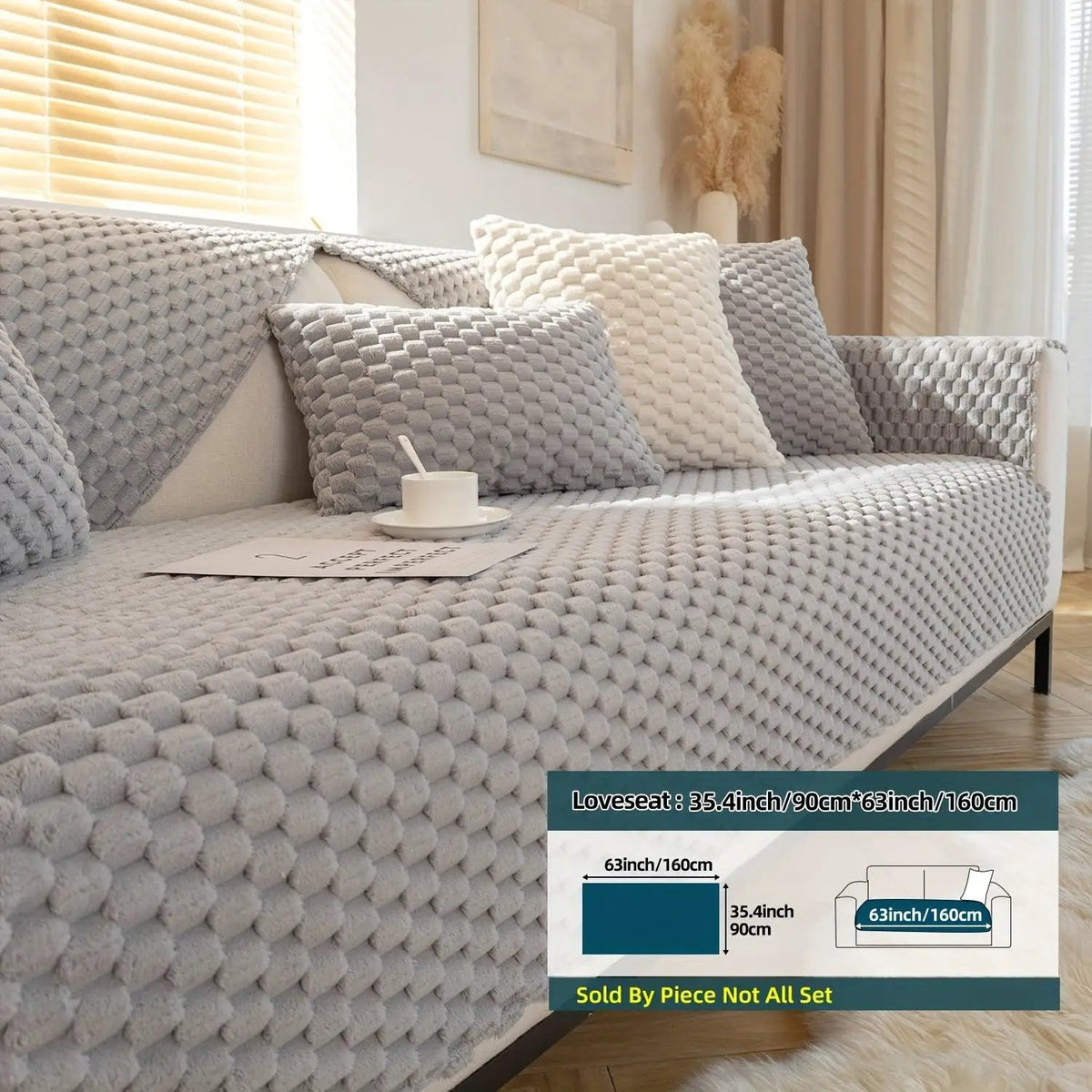 Plush Nordic sofa slipcover in light gray with chunky knit texture