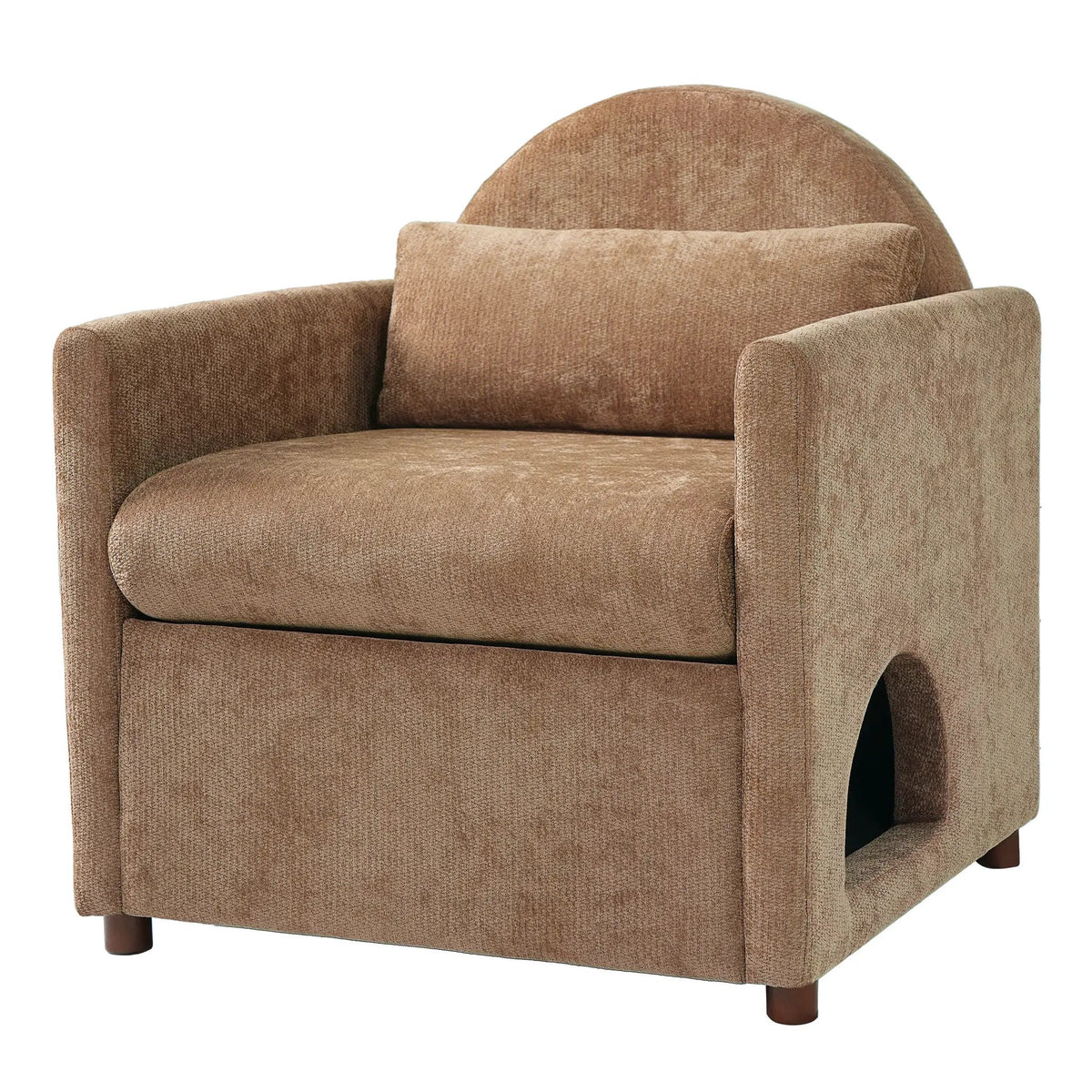 Coffee pet-friendly accent chair with hidden pet nook in brown textured fabric by Home Furnishers