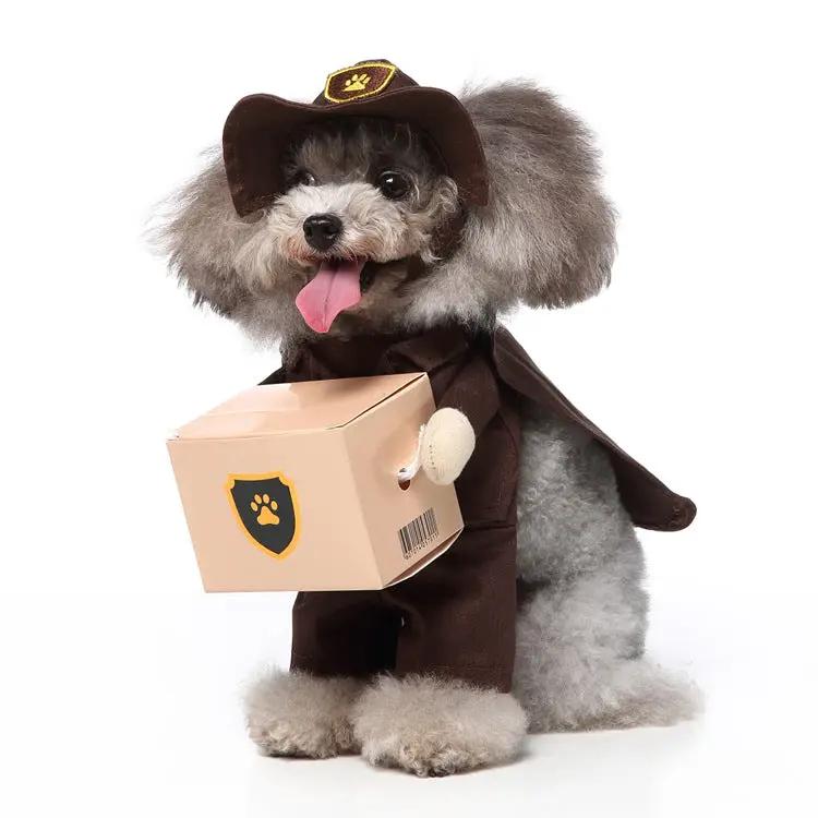 Cosplay dog outfit in brown with cape and hat, dog holding a cardboard box with paw shield logo.
