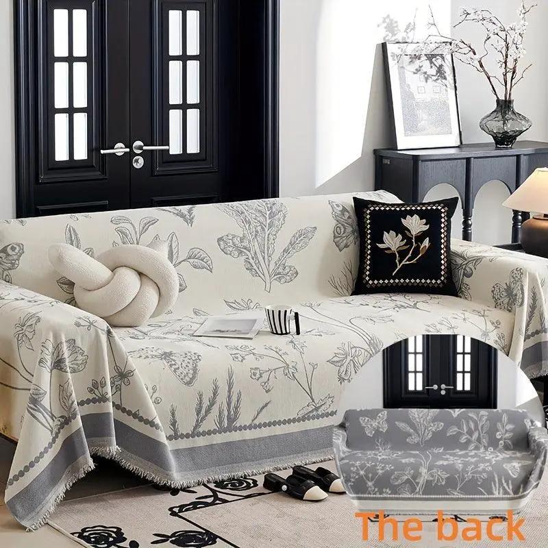Soft & Cozy Chenille Reversible Sofa Cover by topspet; cream with gray botanical print, reversible gray back