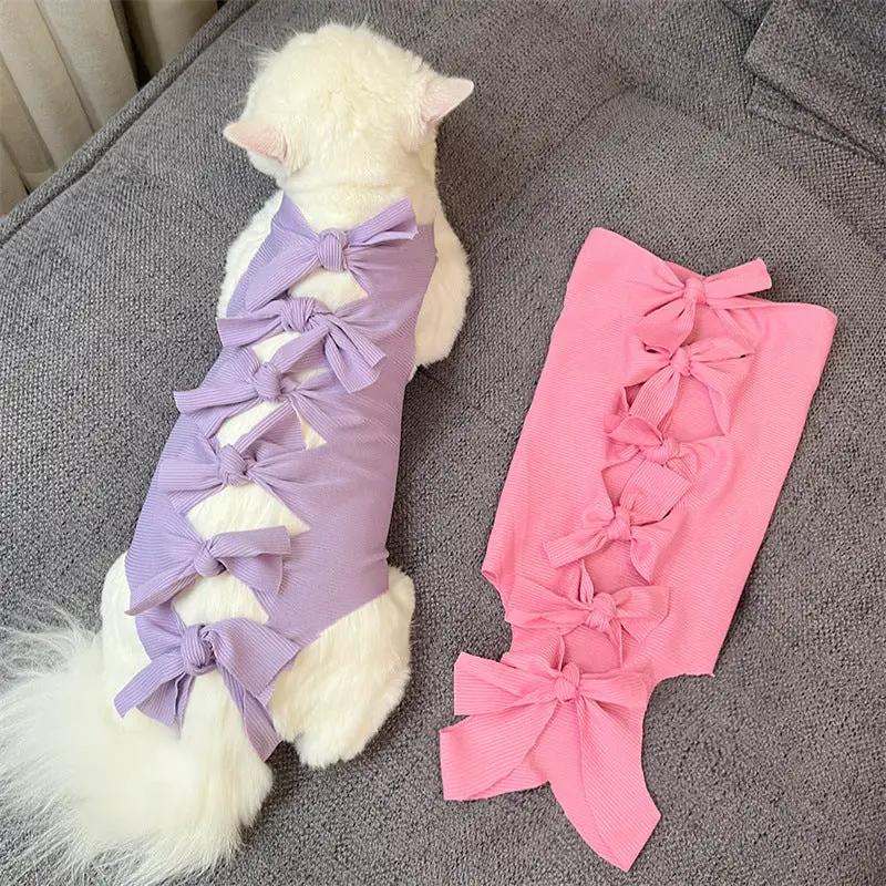 Cat recovery wear, lace-up sterilization clothing in lavender and pink polyester; two pieces