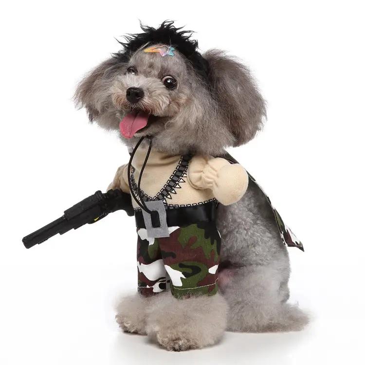 Dog cosplay outfit with camouflage pants, chain necklace, and toy pistol prop