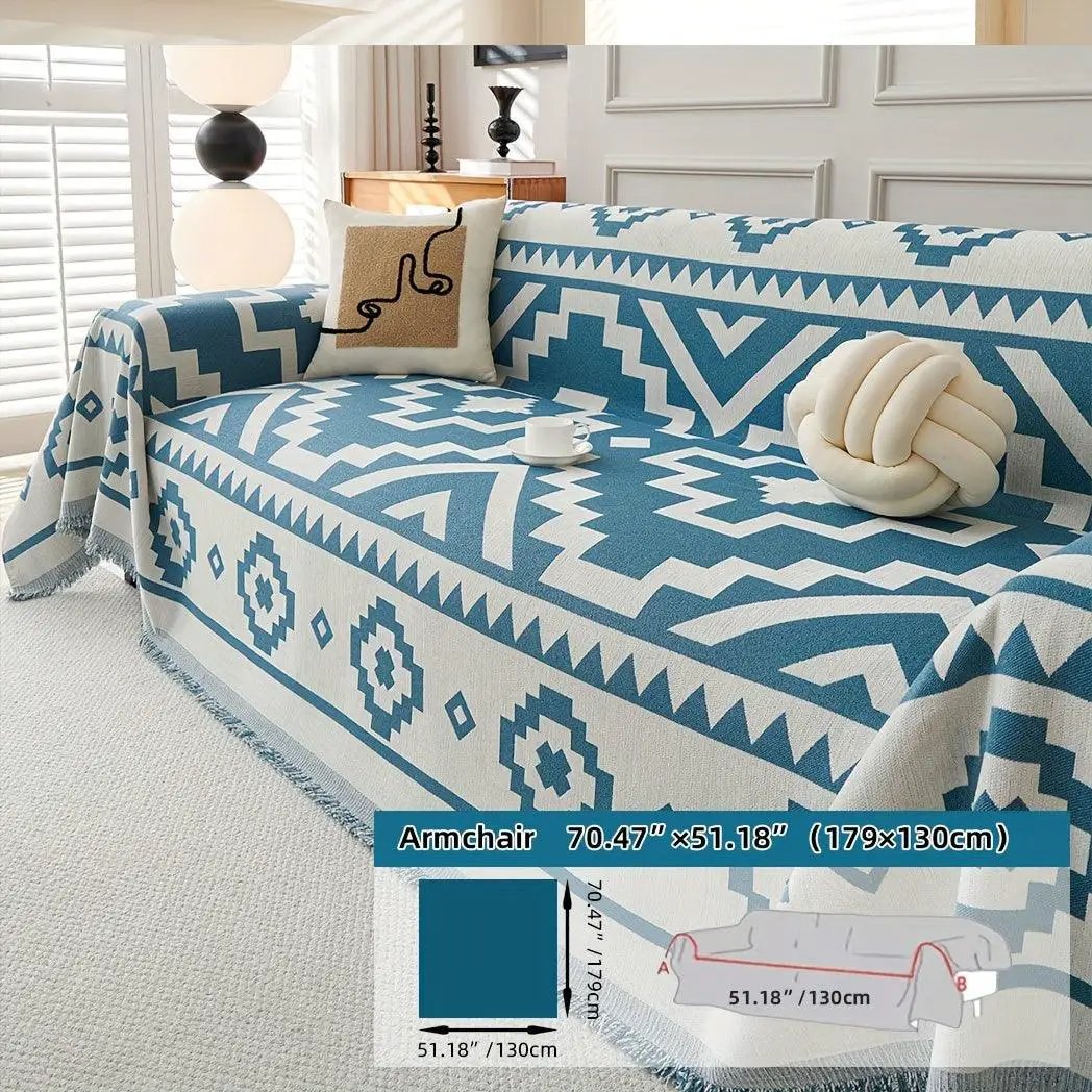topspet Boho-Chic All-Season Sofa Cover on an armchair; blue/white geometric pattern, pet-proof