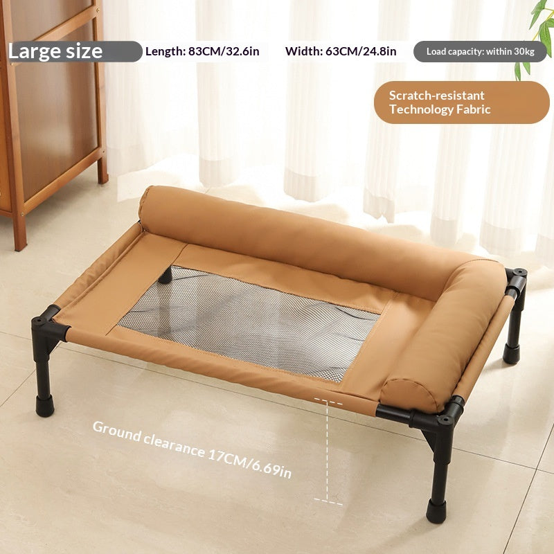 Large brown raised mesh cot dimension and load-guidance chart