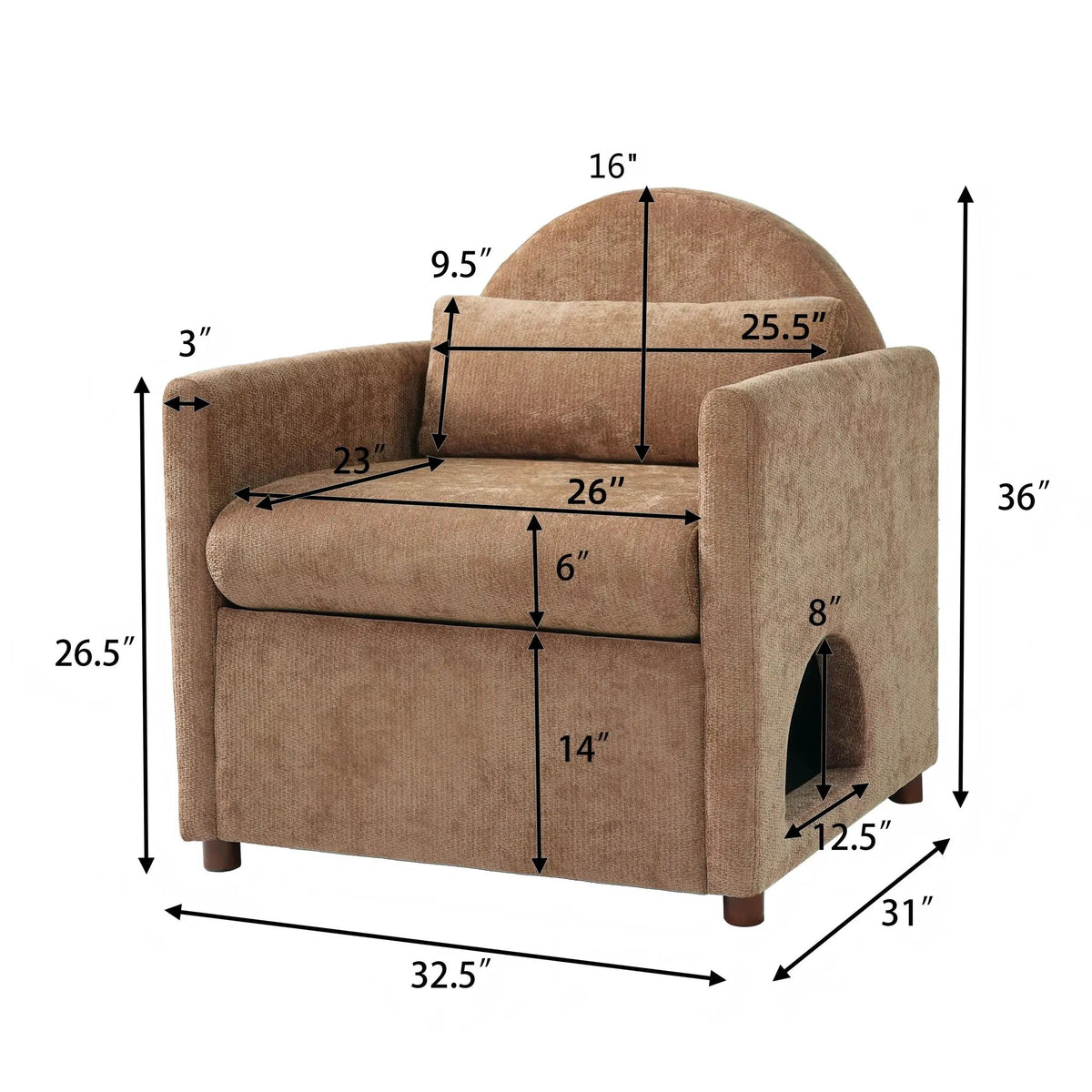 Coffee Pet Friendly Accent Chair with Hidden Pet Nook, brown fabric upholstery