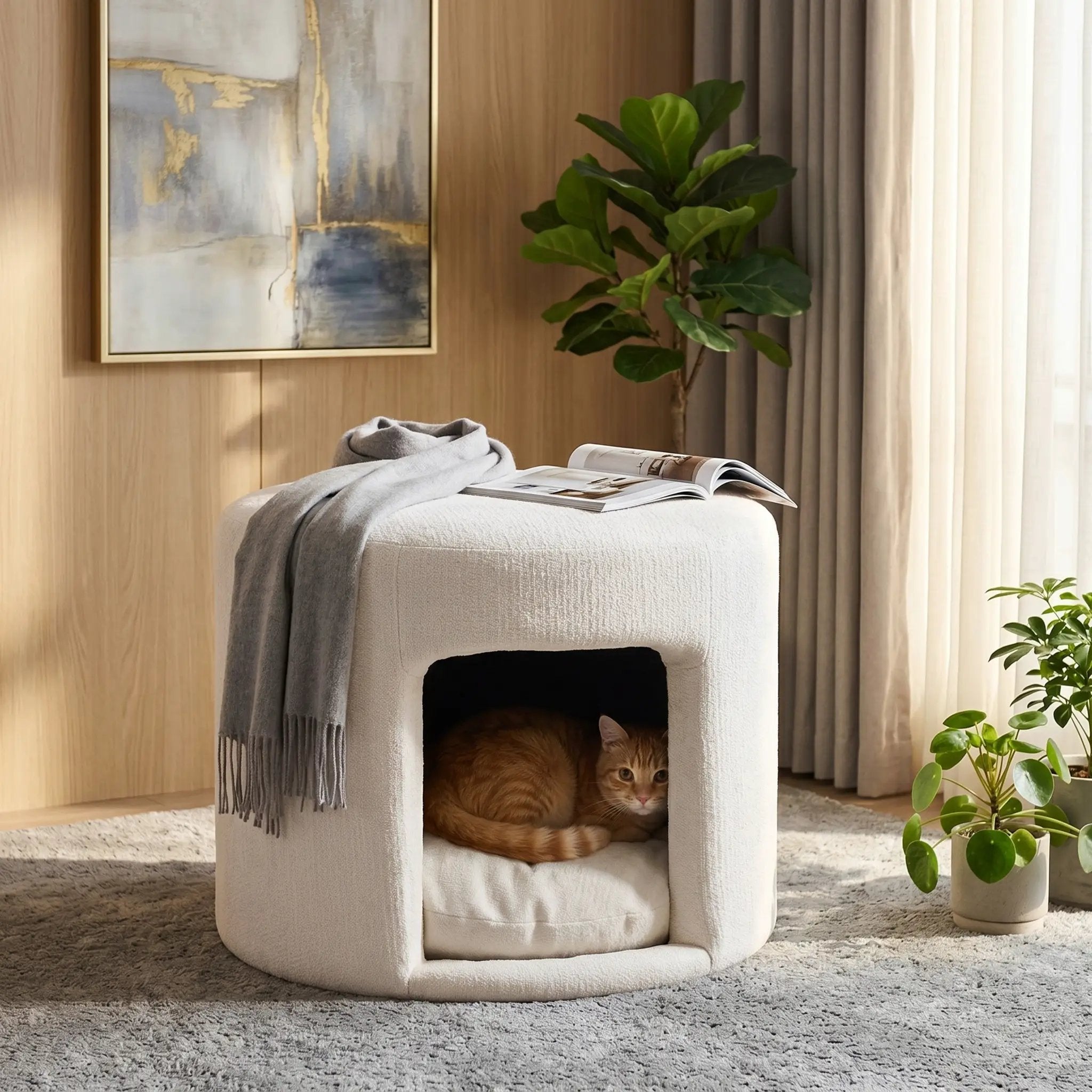 Beige Home Furnishers ottoman with removable cushion and hidden pet nook; cat inside.
