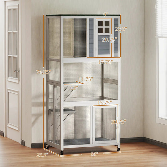 74in outdoor wooden cat enclosure, white with mesh panels and wheels, multi-level cat condo.