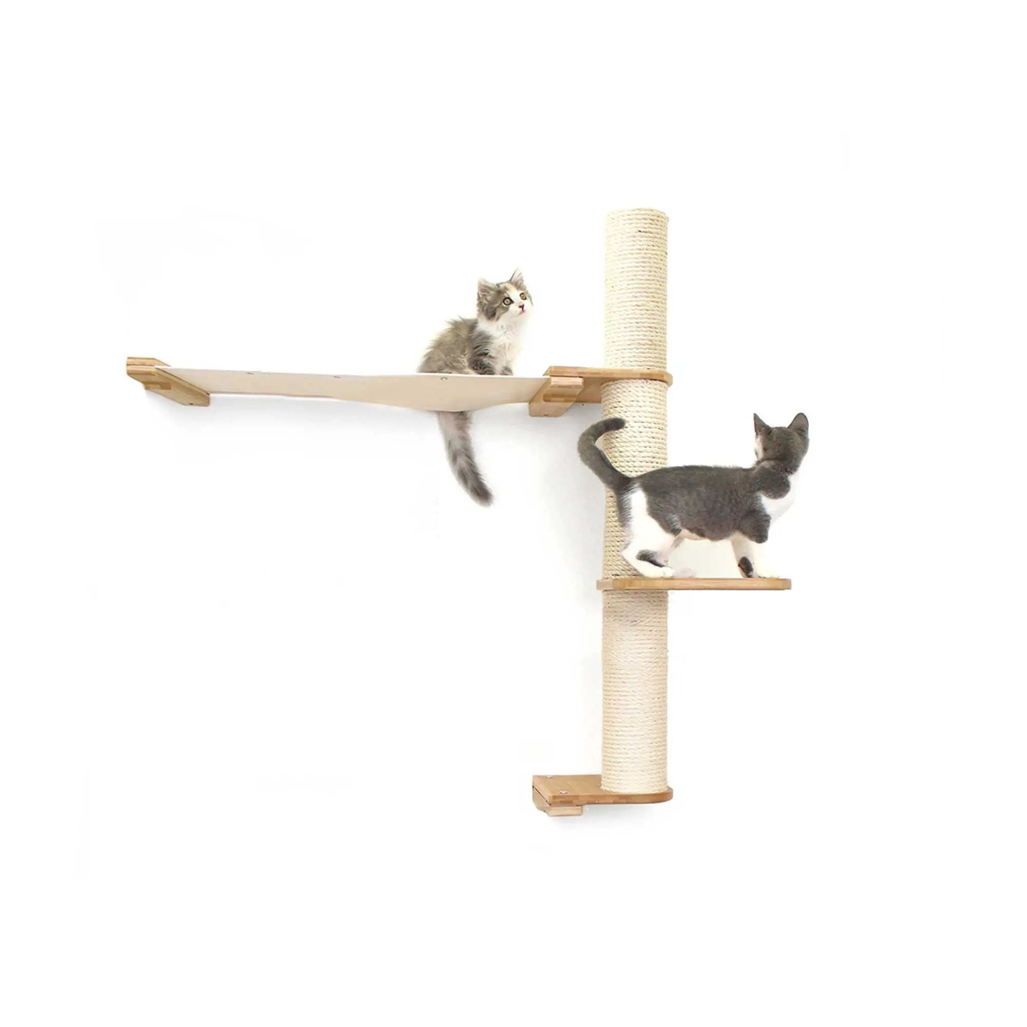 The Crow's Nest wall cat condo with hammock, sisal rope scratching post, wooden platforms, and two cats.