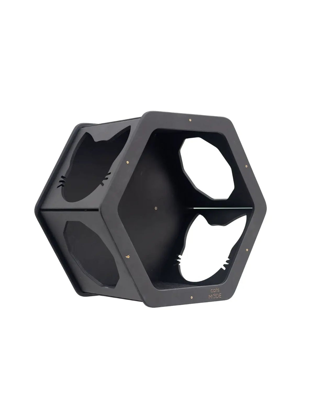 Wall Mount Cat Shelves Black by Enjoy The Wood B2B; hexagonal cat shelf with cat-cutout openings.