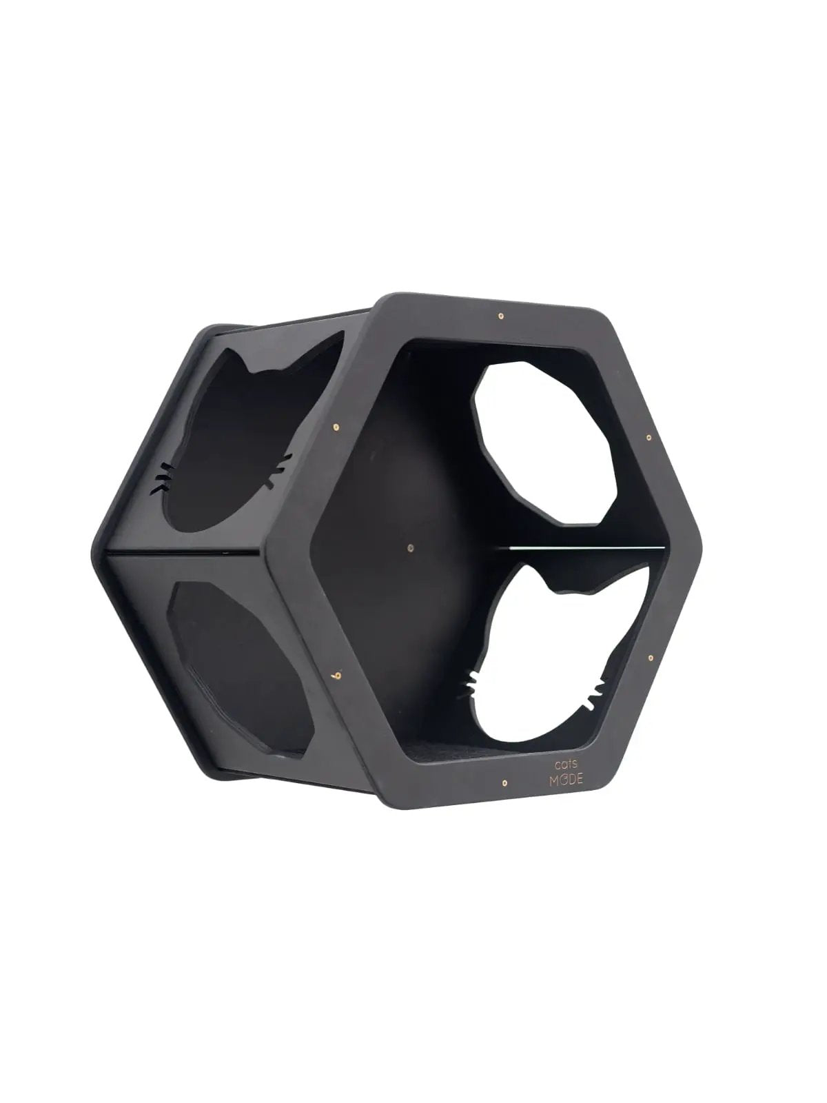 Wall Mount Cat Shelves Black by Enjoy The Wood B2B; hexagonal cat shelf with cat-cutout openings.