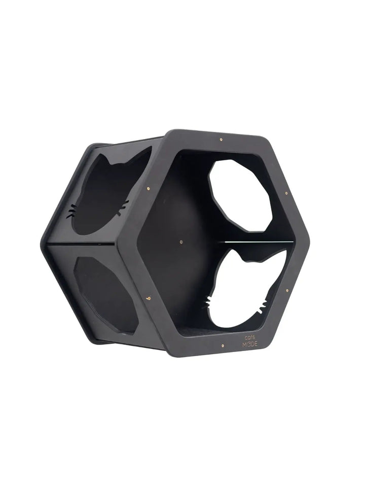 Wall Mount Cat Shelves Black by Enjoy The Wood B2B; hexagonal cat shelf with cat-cutout openings.