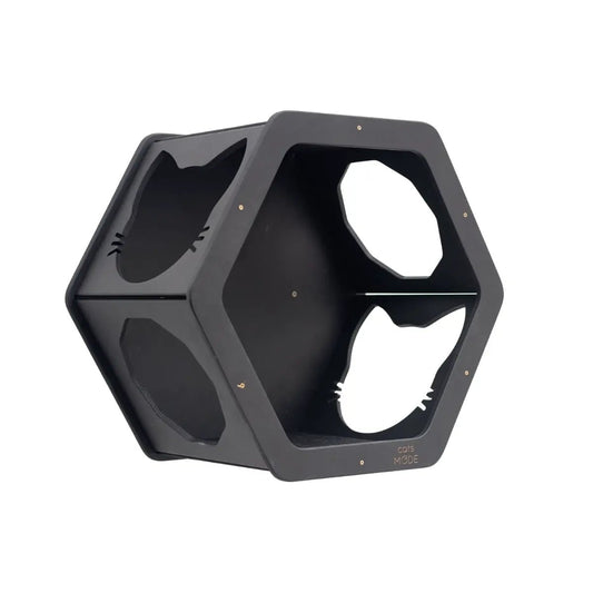 Wall Mount Cat Shelves black hexagonal modular unit with cat-shaped openings by Enjoy The Wood B2B