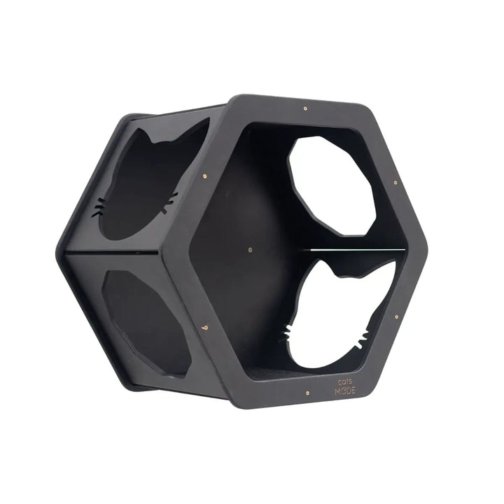 Wall Mount Cat Shelves black hexagonal modular unit with cat-shaped openings by Enjoy The Wood B2B