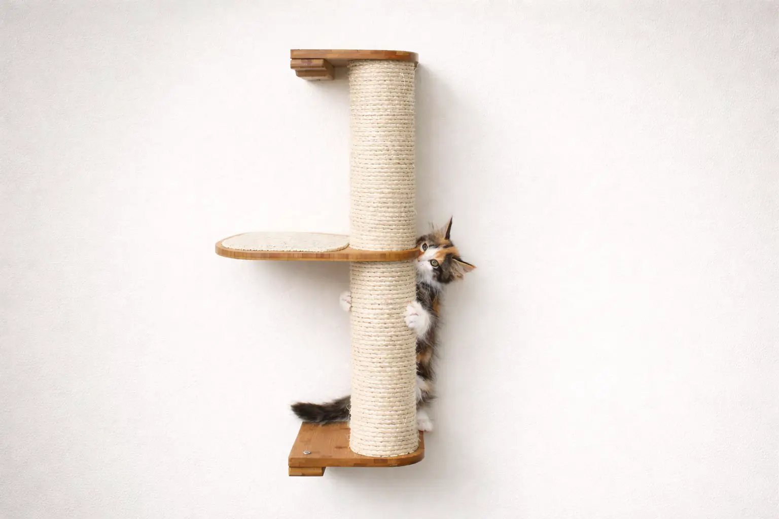 Wall Mounted Cat Climbing Pole - Sisal cat scratcher by Catastrophic Creations with wooden platforms.