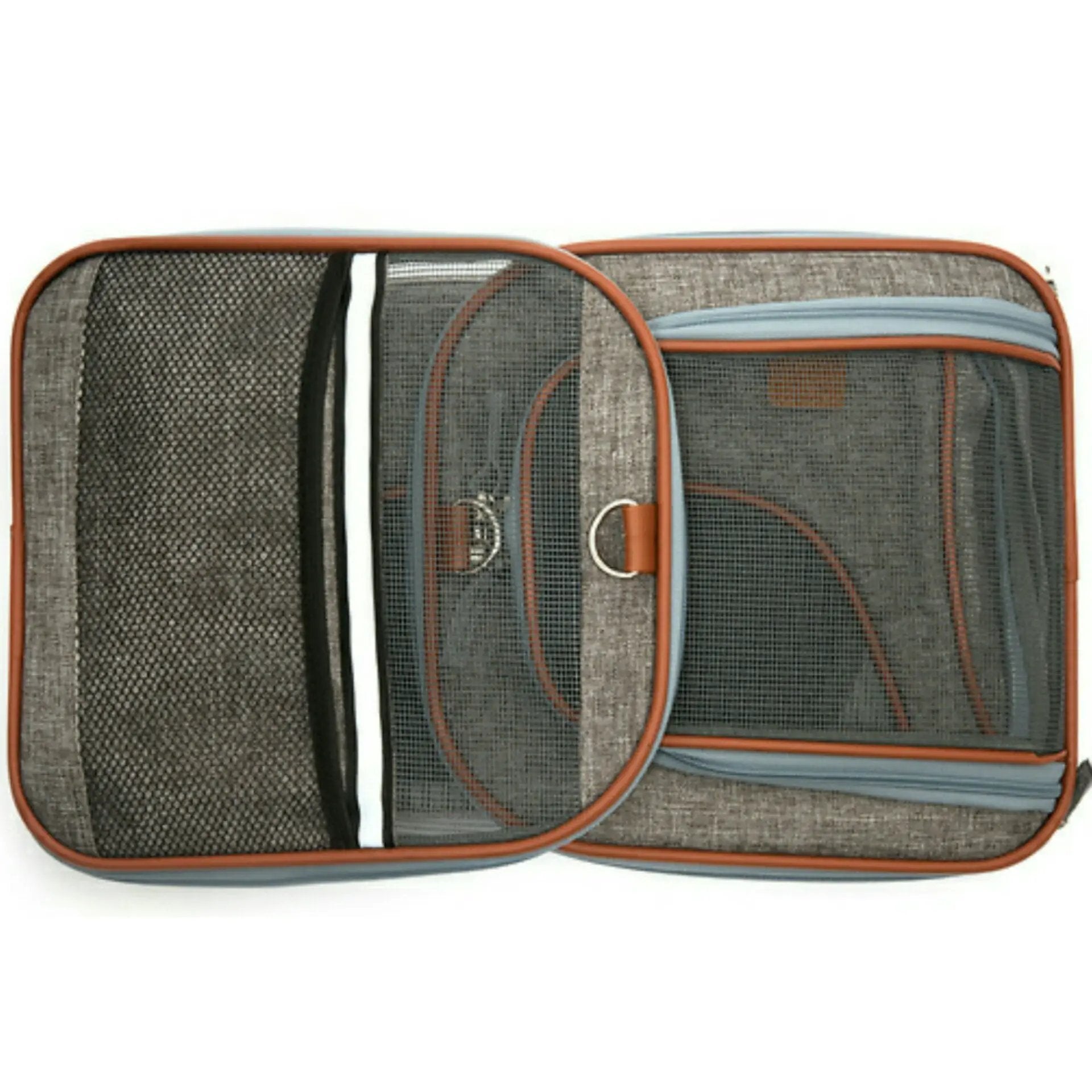 Mr. Peanut's Gold Series V2.0 Pet Carrier; three grey air-travel approved carriers with orange trim and blue edging.