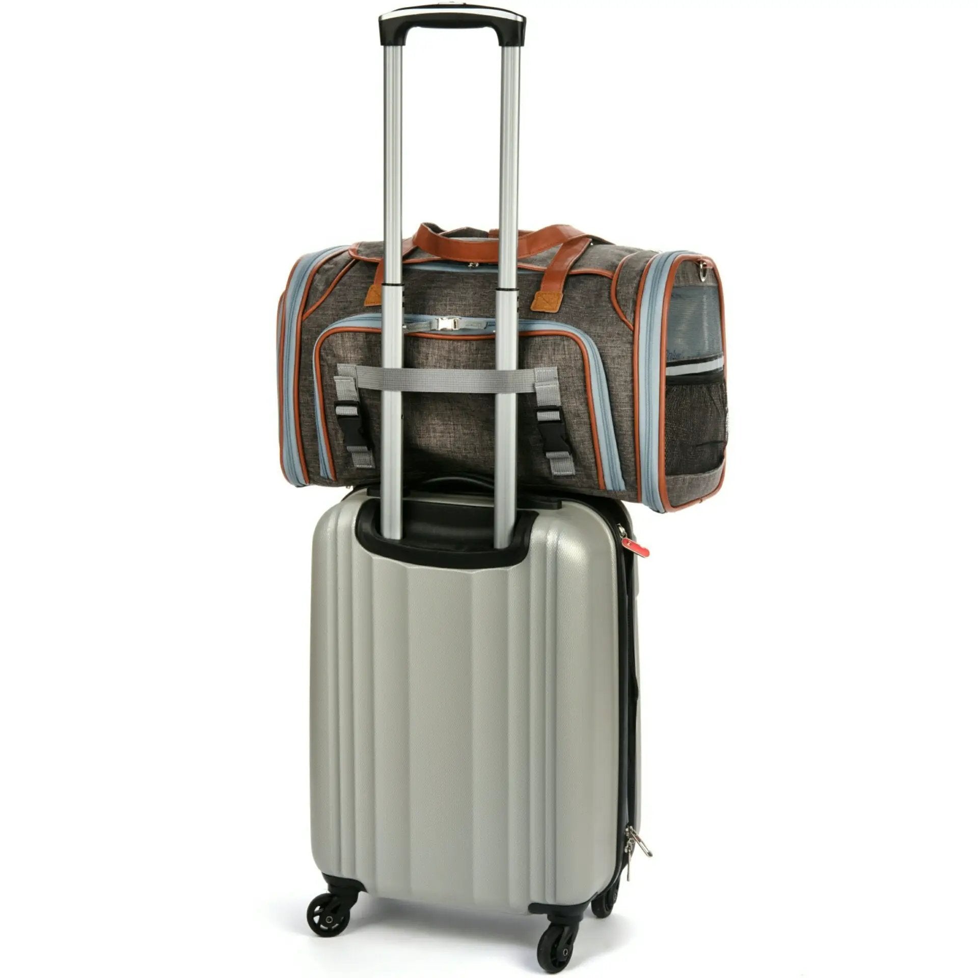 Mr. Peanut's Gold Series Big Apple XL Expandable Pet Carrier; gray fabric with brown leather trim.