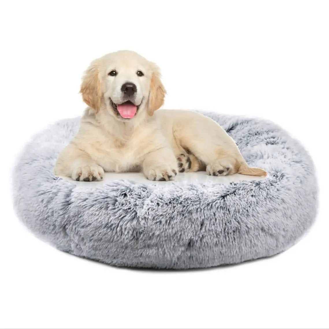 Mr. Peanut's OrthoPlush Pet Bed donut in gray two-tone, 23-inch, with a golden retriever puppy on top.