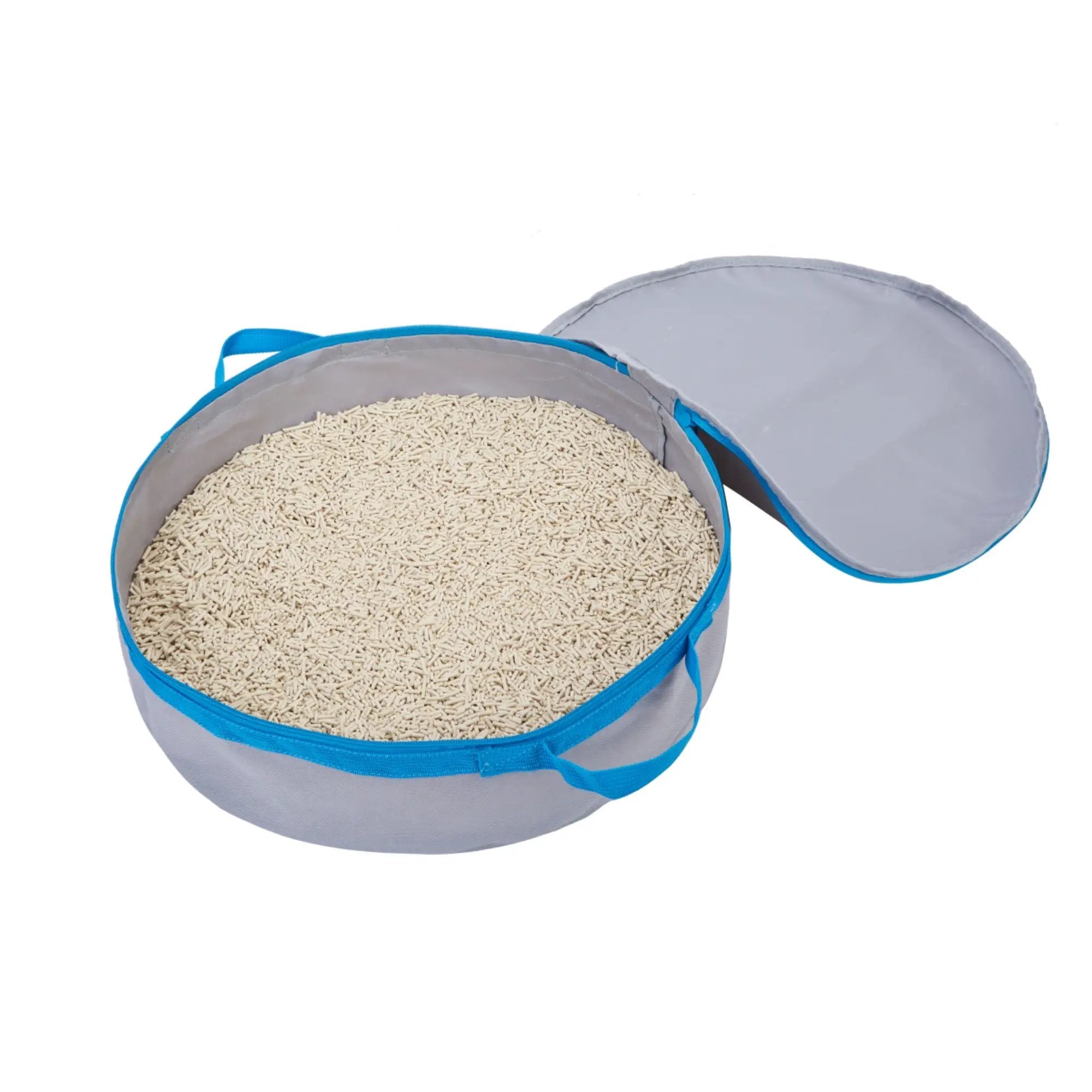 Mr. Peanut's PortaPotty travel cat litter box, gray with blue trim, filled with wood pellet litter.