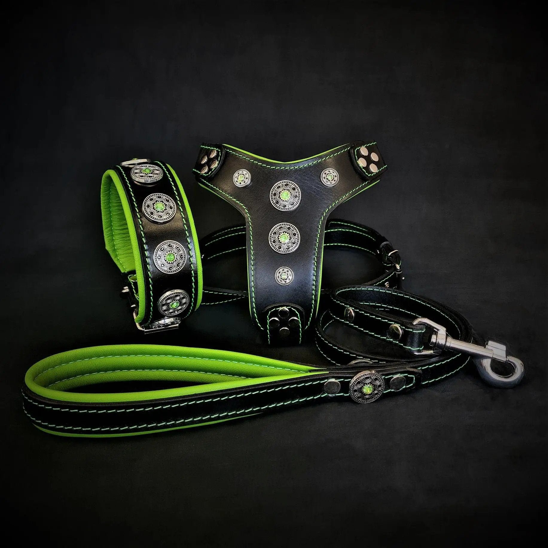 The Green Bijou Set including a stylish leather dog collar set, harness, and leash in black and green.