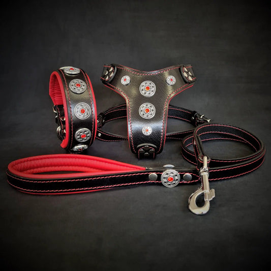 The ''Bijou'' SET - Collar, Harness, Leash. Red - Pet Collars & Harnesses from Bestia Dog Gear