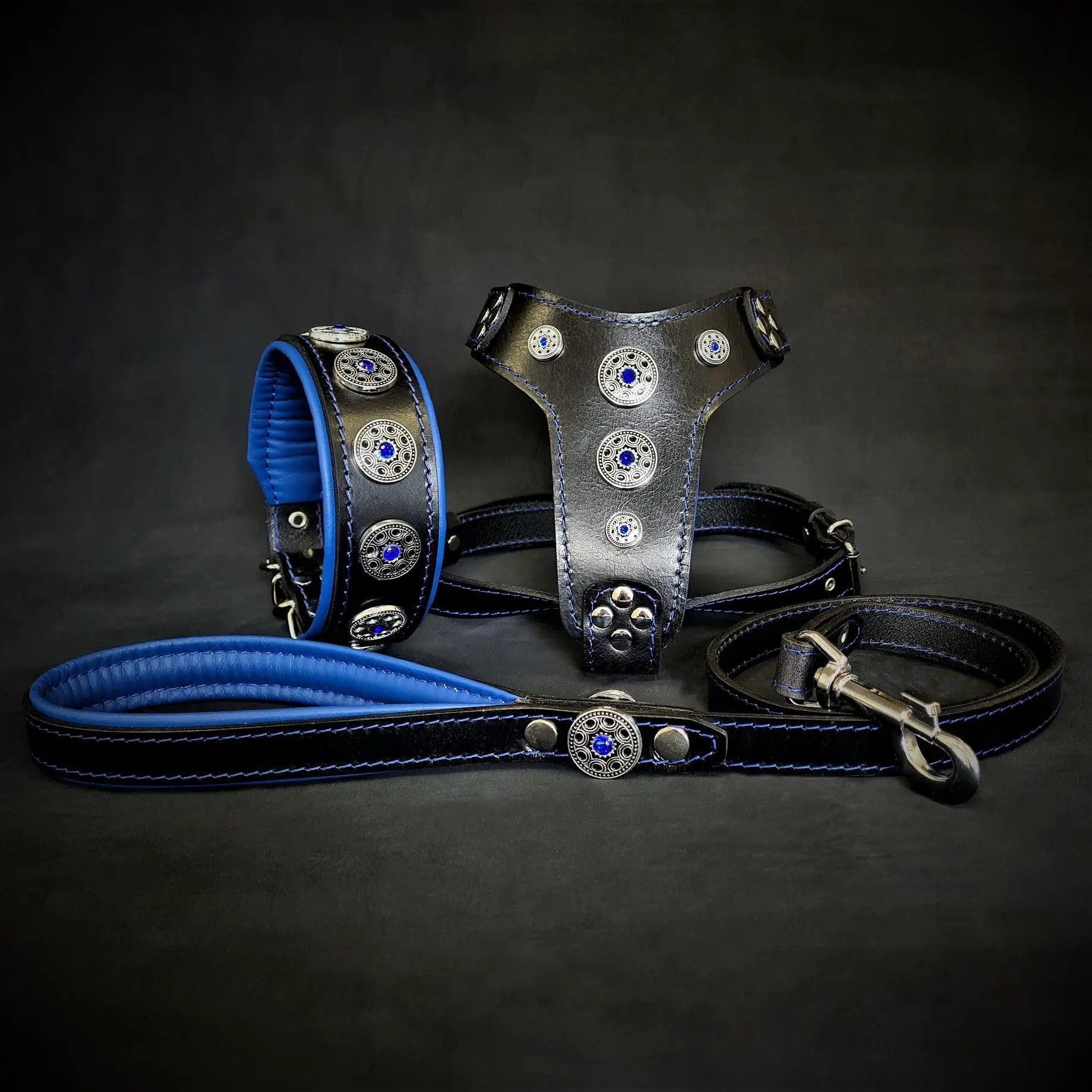 Blue Bijou Set - Collar, Harness, Leash featuring elegant design and stylish accessories for your pet.