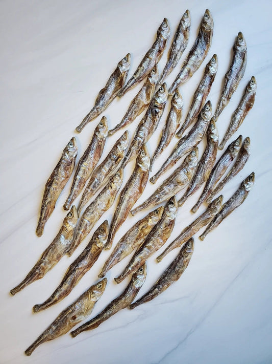 Smelt (Wild Caught) Naked Beasts, whole dried fish laid in neat rows