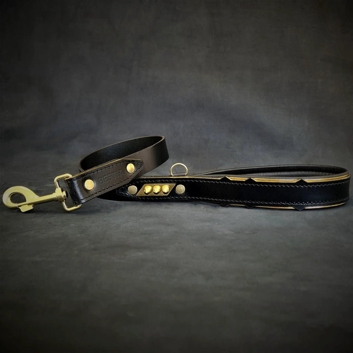 Bestia Midas black leather dog leash with gold hardware