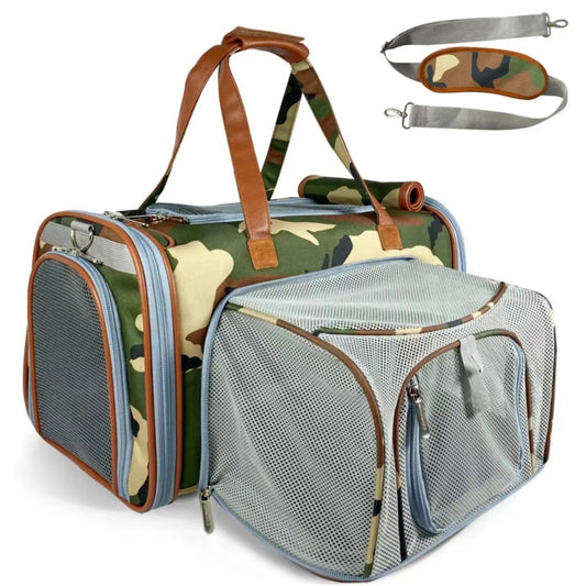 Mr. Peanut's Gold Series pet carrier, standard size, airline compliant, expandable, camouflage prints with gray mesh panels.