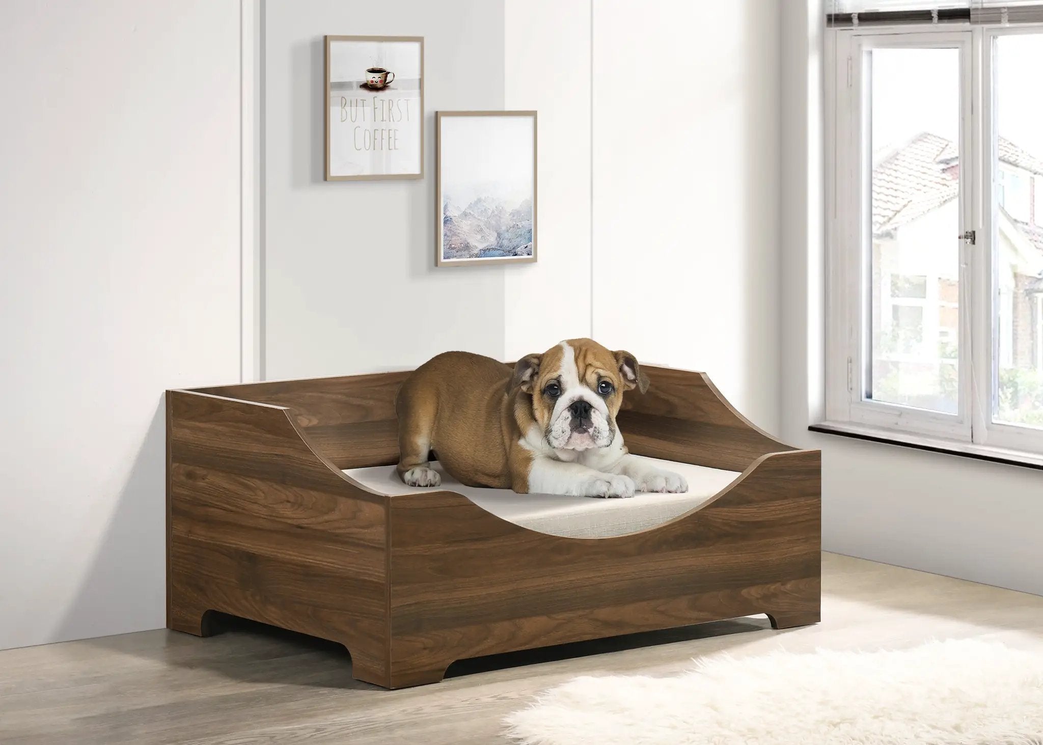Gibson 36-inch Pet Bed by Home Furnishers, brown wooden frame with white cushion and a dog resting inside.