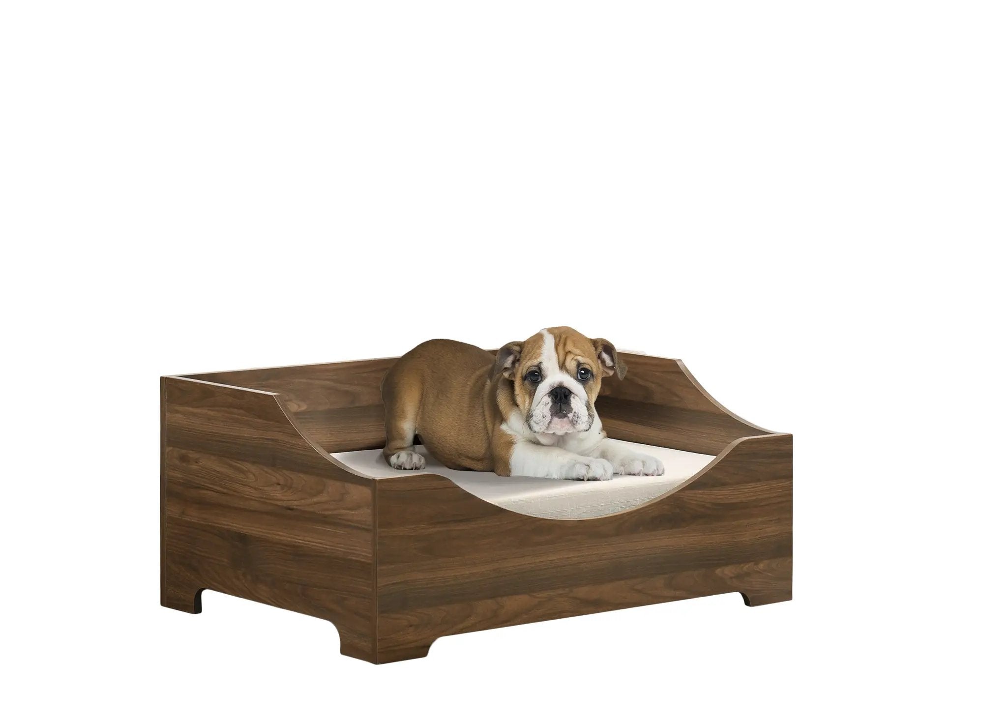 Gibson 36-inch pet bed in a dark wood finish with a curved entry, by Home Furnishers.