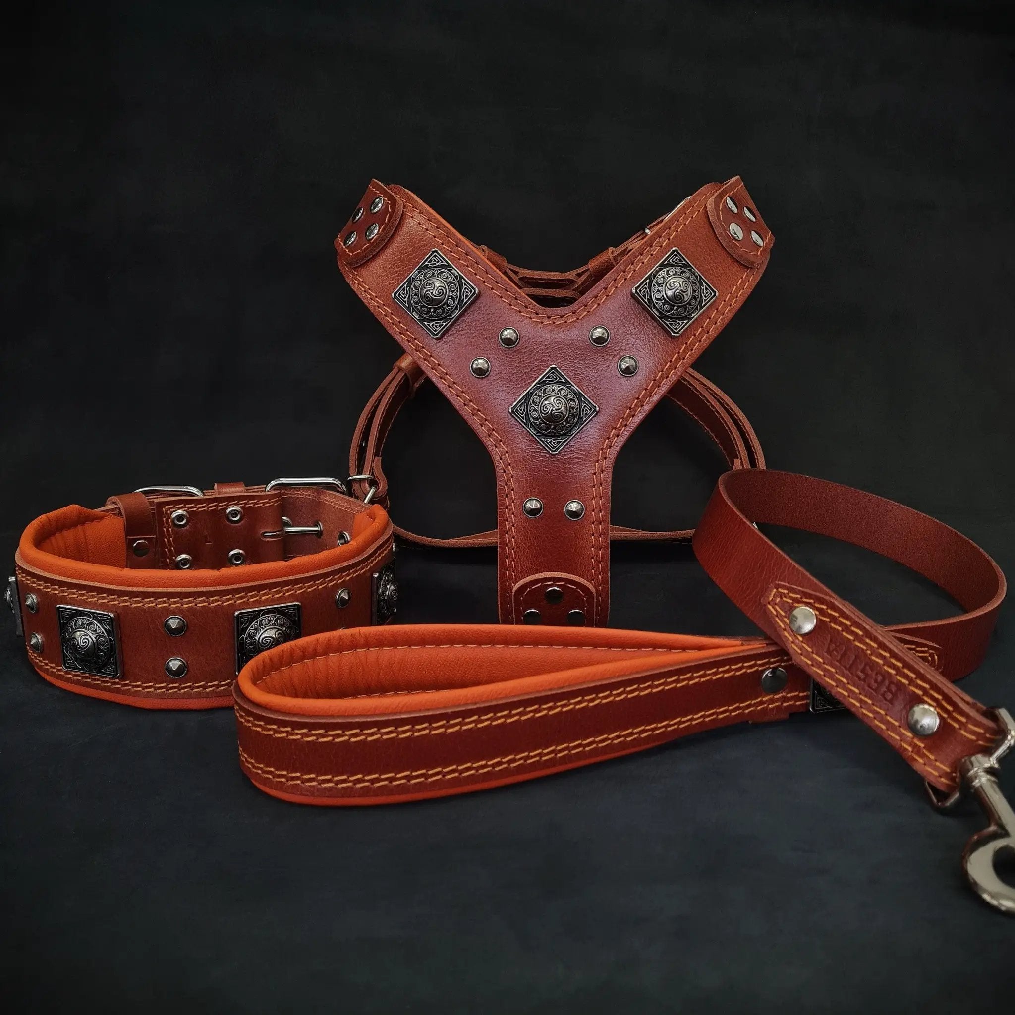 "EROS" BIG dog SET- Harness - collar - lead. Brown & Orange - Pet Collars & Harnesses from Bestia Dog Gear