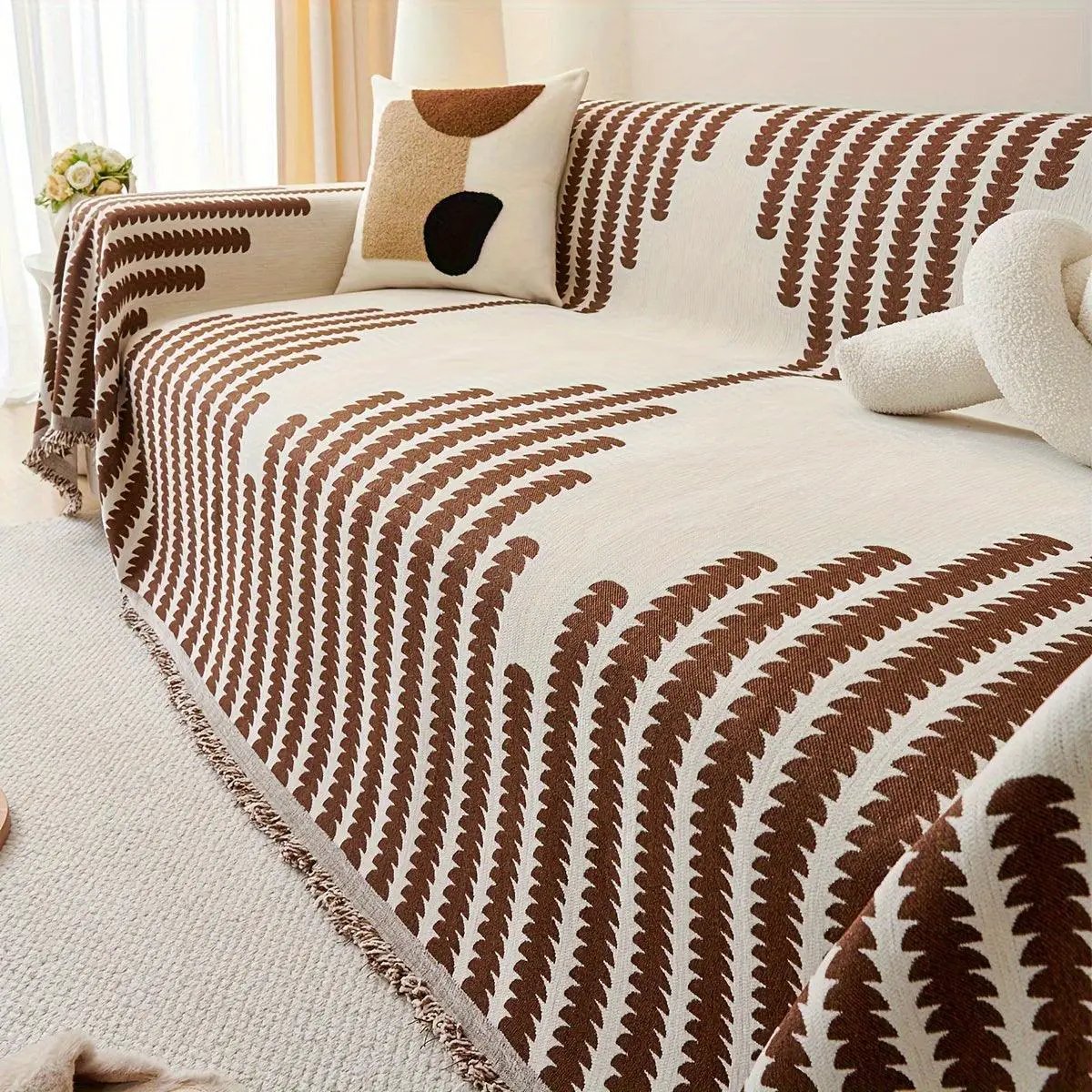 Chenille sofa cover by topspet; beige base with brown fern-like pattern, non-slip universal protector