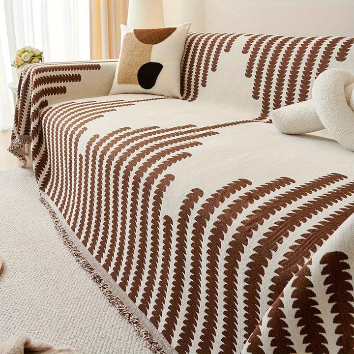 Chenille sofa cover by topspet; beige base with brown fern-like pattern, non-slip universal protector