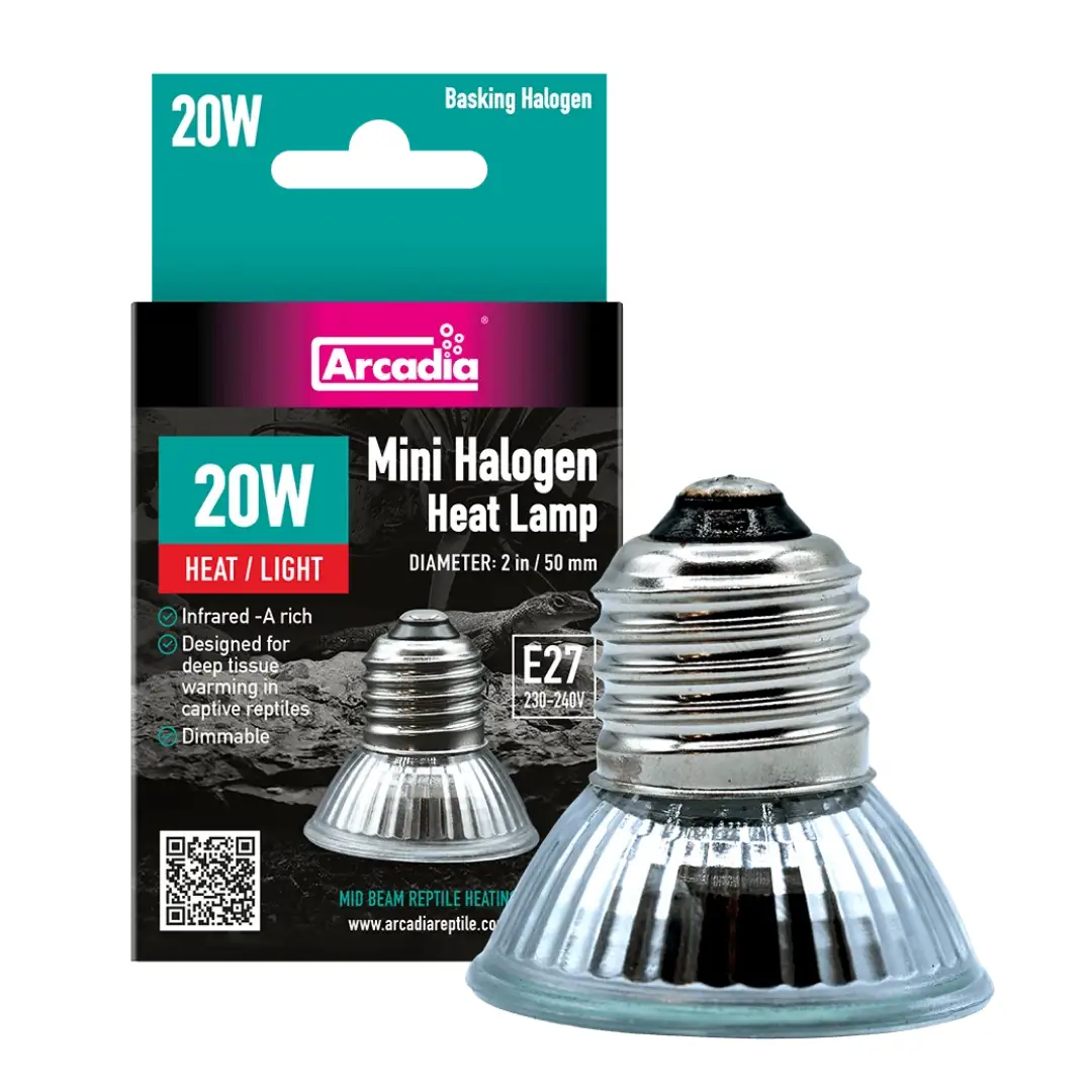 Arcadia GoldenSun Basking Halogen Heater, 20W mini heat lamp for reptile habitats, E27 base
