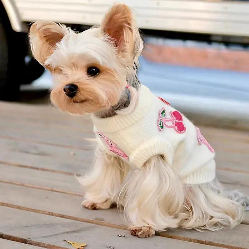 Small Dog Cherry Print Sweater by SOCKPET, white knit with pink cherry accents