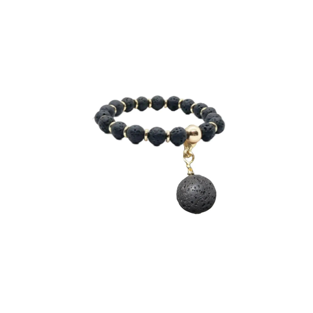 The Black Volcanic Diffuser Charm dog collar by Bark Fifth Avenue; black lava beads with gold-tone spacers.