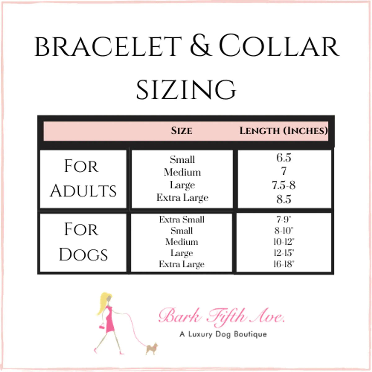 The Black Volcanic Diffuser Charm dog collar by Bark Fifth Avenue with sizing chart