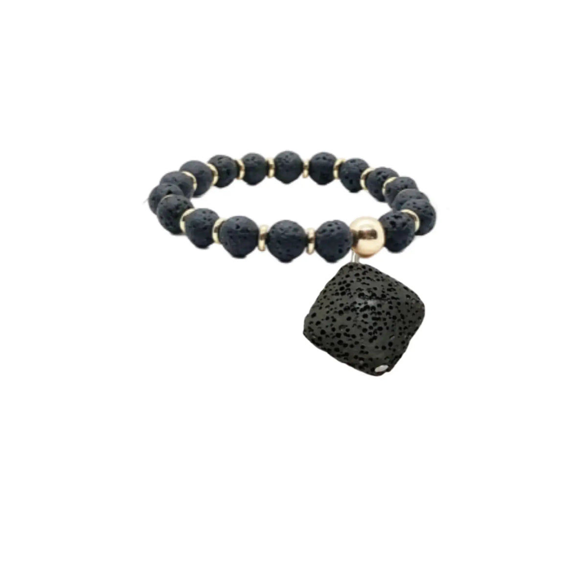The Black Volcanic Diffuser Charm for Bark Fifth Avenue dog collars; black lava beads with gold spacers.