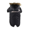Carica l'immagine nel visualizzatore della galleria, Dog Clothes Winter Thickened Warmth Cotton Pet Dogs Coat Jacket in black with fur-trimmed hood and waterproof fabric.
