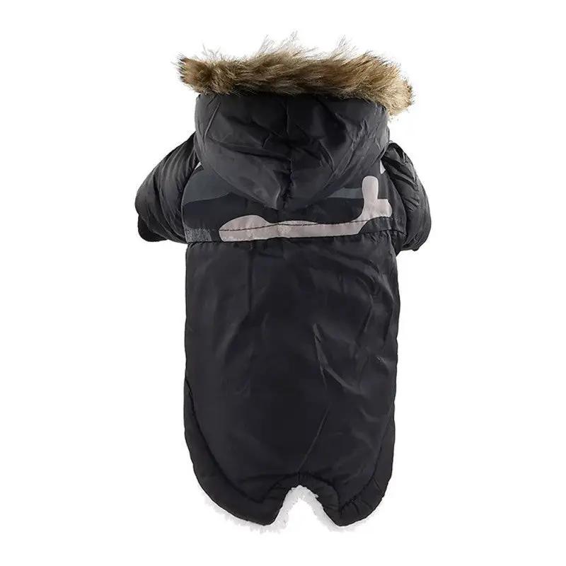 Dog Clothes Winter Thickened Warmth Cotton Pet Dogs Coat Jacket in black with fur-trimmed hood and waterproof fabric.