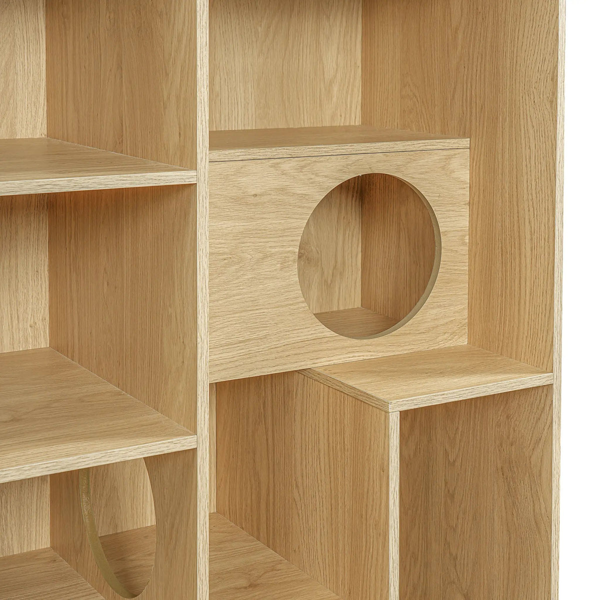 Modern 2-in-1 wooden cat house bookshelf with a circular cutout in natural oak finish.