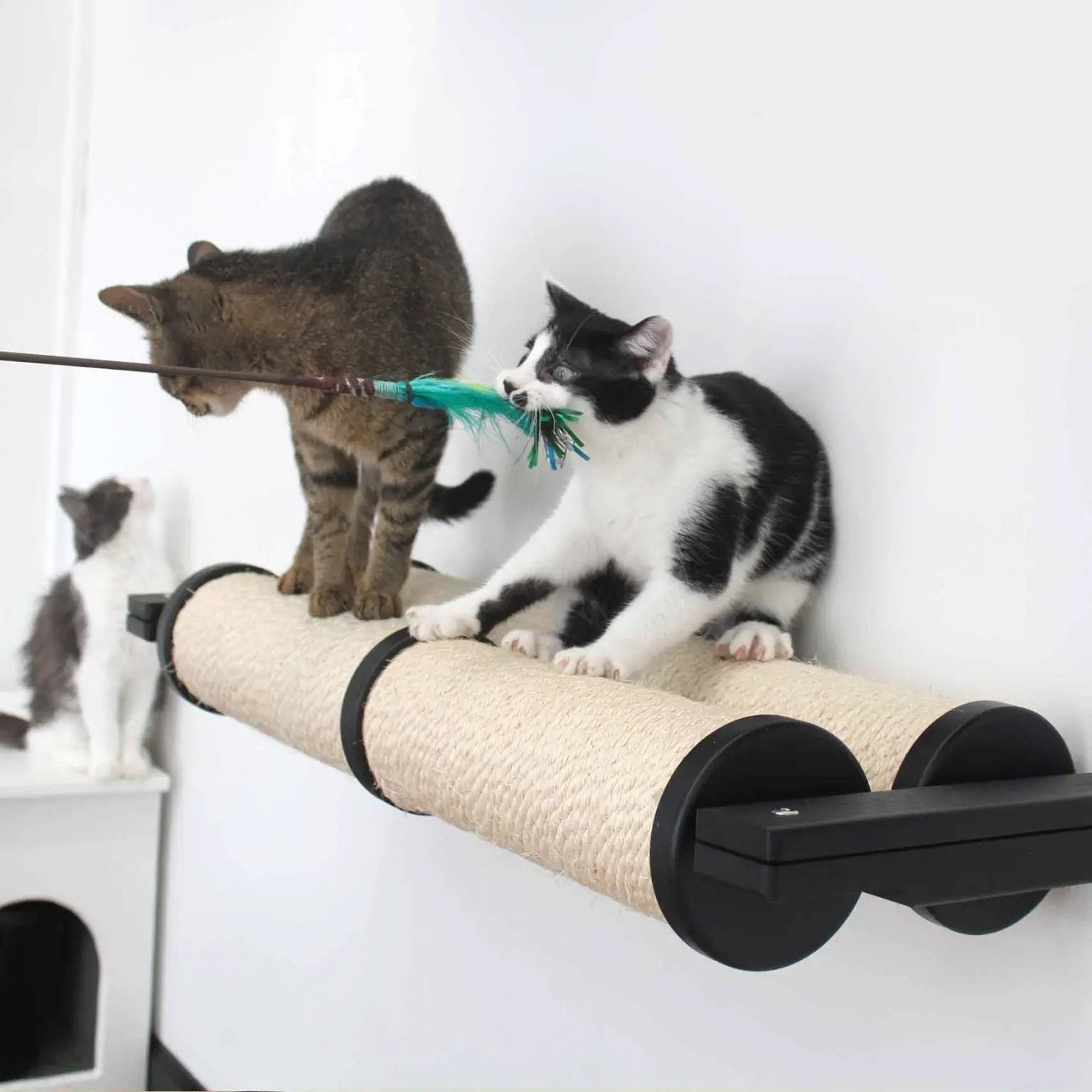 Horizontal Scratching Post for Cats with beige sisal surface and two cats on it