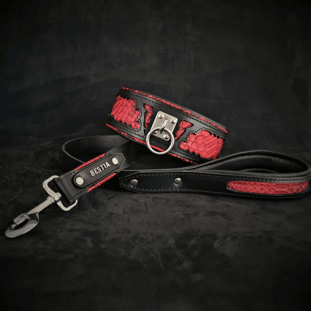 Bestia Red Dragon python print leather dog leash, view 2