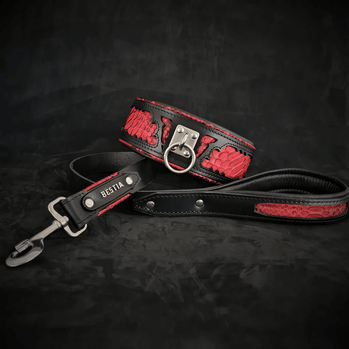 Bestia Red Dragon python print leather dog leash, view 2